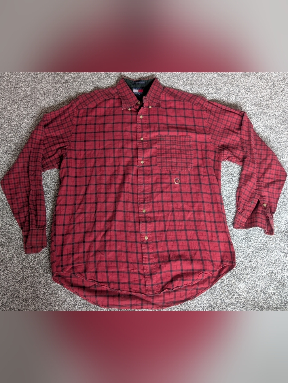 Vintage 90s Tommy Hilfiger Red Plaid Button Down Shirt Men's Size Medium Crest